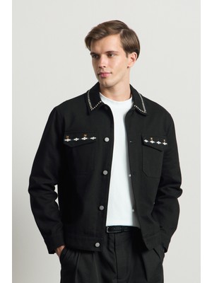 Danger Erkek Nakışlı Denim Ceket Siyah