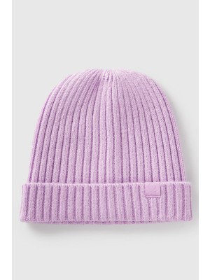 United Colors Of Benetton Lila Erkek Ek_yün ve Viskoz Karışımlı Logo Etiketli Nervürlü Bere Model Kodu: ( 126WGA0060W1)