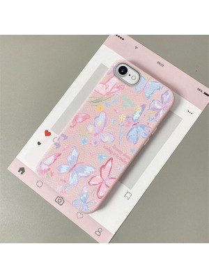 HONTINGA iPhone 8 ile Uyumlu Kılıfı Deri Dokusu Anti Düşme Yumuşak Silikon Telefon Kılıfı Minnie Kelebek K7-3096