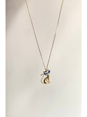 Onseva Kuyumculuk 14 Ayar Mavi Taşlı Kedi Kolye