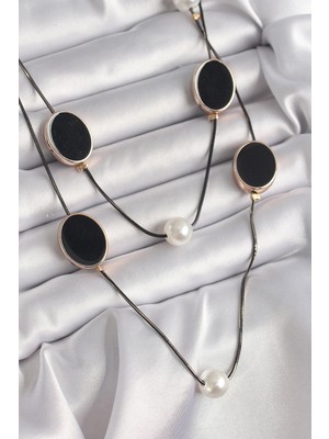 TE Dükkan Buğz Pirinç Siyah Renk Zincir Inci Detaylı Çoklu Kadın Kolye