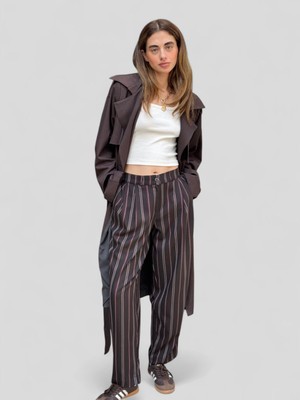 Retrobird Tasarım Athena Vintage Stripe Relax Pantolon Kadın Koyu Kahve
