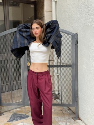 Retrobird Tasarım Athena Vintage Stripe Relax Pantolon Kadın Bordo