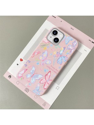 HONTINGA iPhone 15 ile Uyumlu Kılıfı Deri Dokusu Anti Düşme Yumuşak Silikon Telefon Kılıfı Minnie Kelebek K7-3096