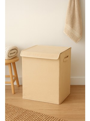 Serstil Kapaklı Çamaşır / Kirli Sepeti, Katlanabilir , Tutma Saplı - Banyo ve Çamaşır Odası Için Ideal - Bej