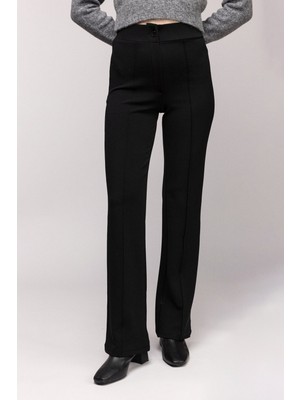Saade Siyah Yüksek Bel Geniş Paça Dikiş Detaylı Pantolon 38