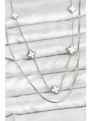 TE Dükkan Buğz 316L Çelik Zincir Gümüş Renk Italyan Zincirli Yonca Model Kadın Kolye