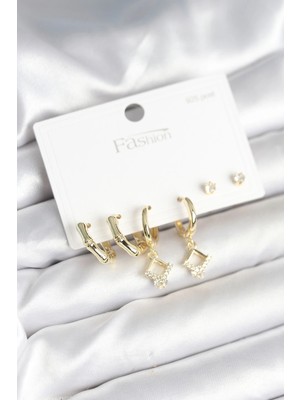 TE Dükkan Buğz Pirinç Gold Renk 925 Ayar Gümüş Çivili Kadın Küpe Seti