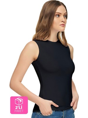 Elit Kadın Siyah Pamuklu Elastan Sıfır Kol Body 2'li Paket ELT2201-SİYAH-M