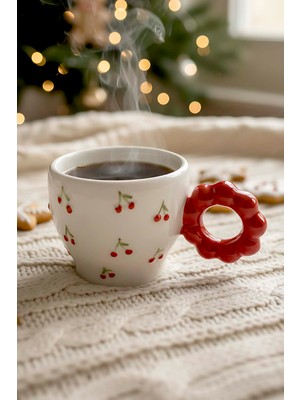 Kiraz Amore El Yapımı Yılbaşı Hediyesi Seramik Double Kahve Fincanı, Mug, Kupa
