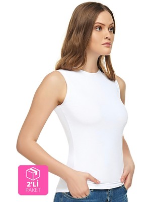 Elit Kadın Beyaz Pamuklu Elastan Sıfır Kol Body 2'li Paket ELT2201-BEYAZ-M