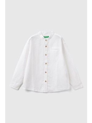 United Colors Of Benetton Beyaz Erkek Ej_keten Karışımlı Cebi Biyeli Hakim Yaka Katlanan Kollu Gömlek Model Kodu: ( 5OK4CQ02J101)