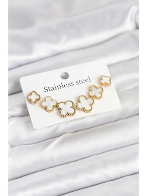 TE Dükkan Buğz 316L Çelik Gold Beyaz Renk 3 Boy Yonca Küpe Seti