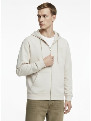 Calvin Klein Jeans Ekru Erkek Kapüşonlu Oversize Sweatshirt LV04RD251G67U 350GSM Fleece Gıft Gı