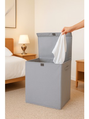 Serstil Kapaklı Çamaşır / Kirli Sepeti, Katlanabilir, Tutma Saplı - Banyo ve Çamaşır Odası Için Ideal - Gri