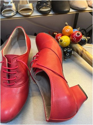 Suna Nar Çiçeği Kırmızısı 4,5 cm Kalın Topuk Tango, Swıng ve Tüm Danslar Için Uygun Deri Pratik Ayakkabı