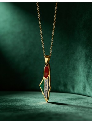 Zaytoon Filistin Haritası Içinde Bayrak Paslanmaz Altın Kaplamalı Zinciri Unisex Kolye J300025