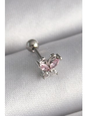 TE Dükkan Buğz 316L Çelik Gümüş Renk Pembe Zirkon Taşlı Kelebek Tragus Piercing