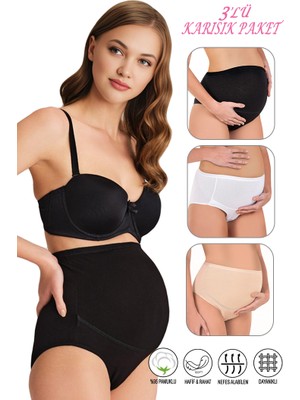 Özkan Underwear Özkan 23582 3'lü Paket Kadın Siyah Beyaz Ten Rengi Pamuklu Likralı Süprem Hamile Lohusa Yüksek Bel Bato Külot