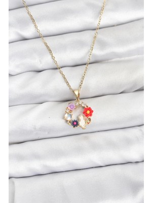 Mercansa 316L Çelik Zincir Gold Renk Çiçekli Kedili Model Kadın Kolye