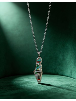 Zaytoon Filistin Haritası Içinde Kubbetü’s Sahra Paslanmaz Gümüş Kaplamalı Zinciri Unisex Kolye J300023