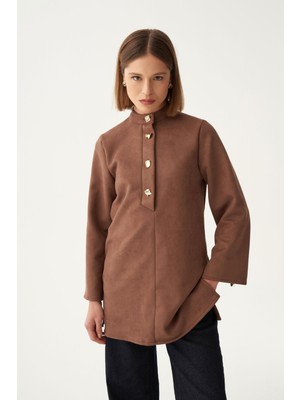 ALLDAY Kahve-Gold Düğmeli Süet Tunik