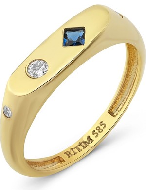 Pırlant Dörtgen Mavi Taşlı Serçe Parmak Altın Yüzük