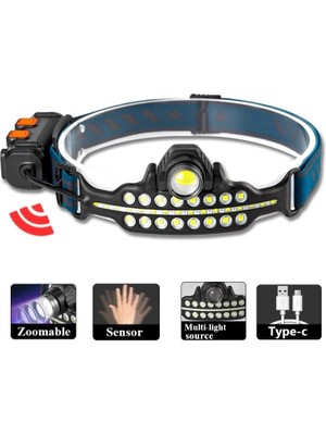 TE Dükkan Buğz Fithome W690 7 Aydınlatma Modlu Xpe Cob  LED Sensörlü Dahili Pilli USB Şarj Edilebilir Kafa Feneri