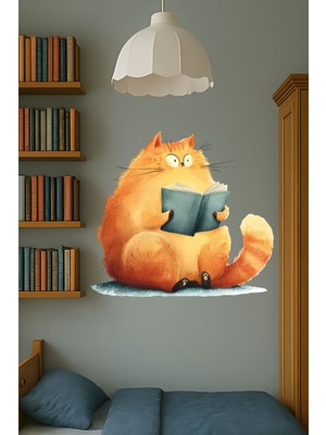 Aysha Tasarım Dekoratif Duvar Sticker – Sevimli Kedi Kitap Okuyor Figürlü Kütüphane & Okuma Alanı Duvar Sticker