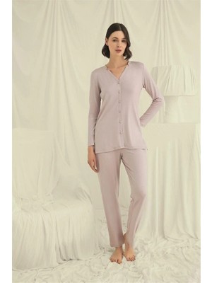 Aria's Closet Arias Closet Uzun Kollu Boydan Düğmeli V Yaka Pijama Takımı