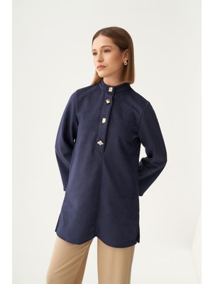 ALLDAY Indigo-Gold Düğmeli Scuba Süet Tunik