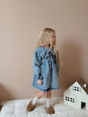 Butik Kız Çocuk  Kot Denim Elbise 3-10 Yaş Aralığı Yaka Detaylı