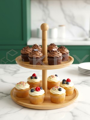 PremiumPort Iki Katlı Bambu Sunumluk, Kurabiye ve Kahvaltı Ikramları Için