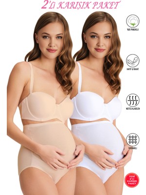 Özkan Underwear Özkan 23582 2'li Paket Kadın Beyaz Ten Karışık Paket Pamuklu Likralı Süprem Hamile Lohusa Yüksek Bel Bato Külot