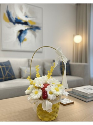 Kamira El Yapımı Dekoratif Papatya Çiçek Sepeti – Sarı Hasır, Masa & Ev Dekoru