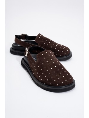 Luvi Our Kahverengi Hakiki Deri Süet Zımbalı Burnu Kapalı Kadın Sandalet