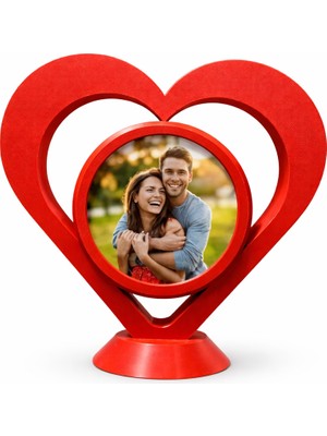 Yapı3D Kalpli Masaüstü Fotoğraf Çerçevesi | Kırmızı Dekoratif Kalp Çerçeve | Yuvarlak Fotoğraf Alanlı Özel Tasarım