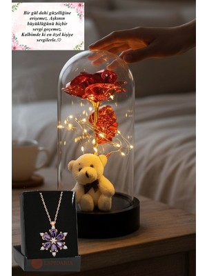 Lapidaria Beyaz Ayıcık ile Kırmızı Sonsuzluk Güllü LED Işıklı Fanus ve Lotus Kolye Sevgiliye Özel Hediye