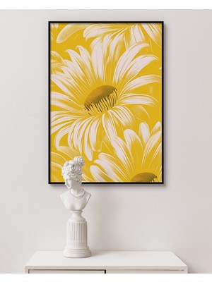 Rosa Art Metal Çerçeveli Gerçek Camlı Tablo - Sarı Papatya Temalı Soyut, Minimalist Çiçek Posteri