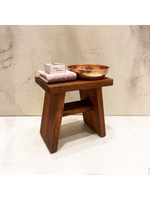 Shark Anatolia Iroko Ahşap Banyo Taburesi Oturak ve Kızıl Bakır Hamam Tası Seti