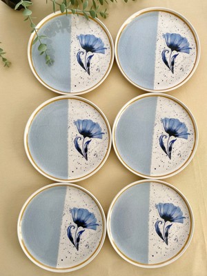 Teknotrust 6'lı Mavi Gelincik Desenli Şık Servis ve Pasta Tabağı Seti
