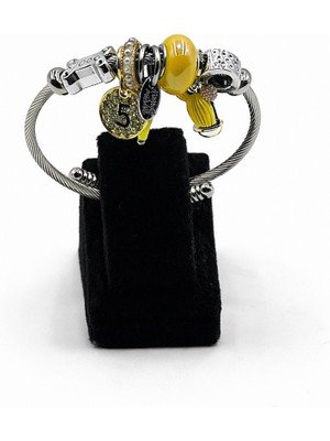 Pangu Sarı Boncuk Detaylı Gümüş Renk Çelik Charm Bileklik