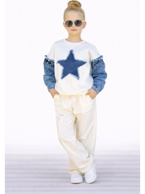 Rapapa Kız Çocuk Yıldız Detaylı Kot Balon Kollu Eşofman Takımı Alt Üst Takım 2590B