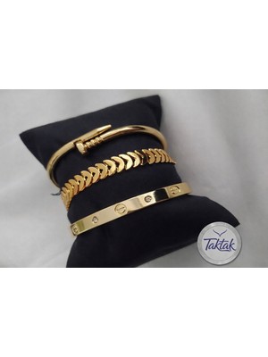 Taktak Kombin Kadın Altın Kaplama Taşlı Model Kılçık ve Çivi Model Kombin Bileklik