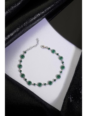 INNUENDO JEWELRY 925 Ayar Gümüş Yuvarlak Sıralı Yeşil Taşlı Bileklik