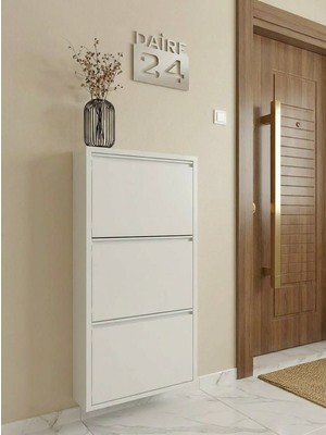 Pratico Ferrum Metal Düşer Kapak Raflı Ayakkabılık 3 Bölmeli Beyaz Ayakkabı Dolabı