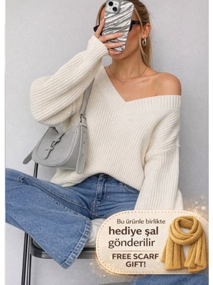Yuga Knitting Kadın Dökümlü V Yaka Selanik Örgü Basic Kazak
