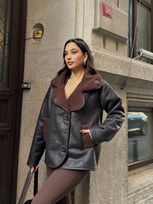 Orions Collection Else Acı Kahve Dokulu Süet Içi Peluşlu Oversize Zra Model Mont