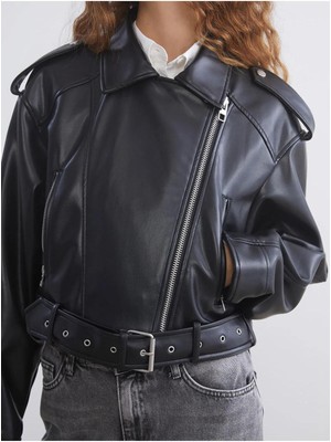 Orions Collection Yeni Sezon Oversize Kadın Siyah Biker Deri Ceket