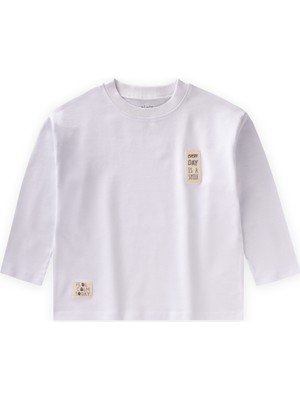 Cigit Etiket Detaylı Mevsimlik T-Shırt 2-10 Yaş Beyaz